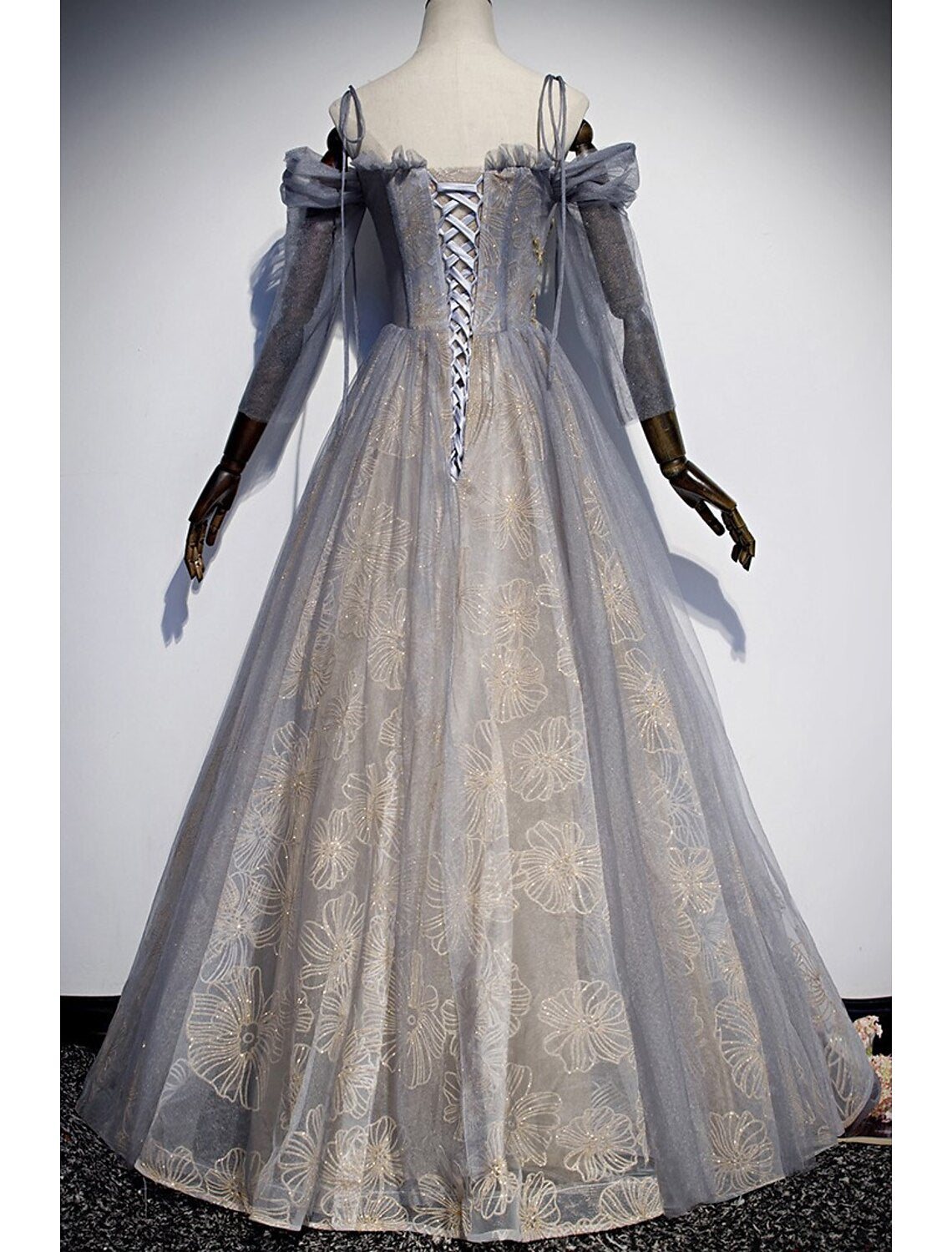 Wholesale A-Line Prom Dresses Glittering Dress Wedding Guest Engagement Floor Length 3/4 Length Sleeve Spaghetti Strap Tulle with Sequin Embroidery